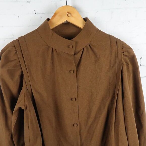 DAZY BROWN LONG SLEEVE HIGH NECK BUTTON DOWN TOP SIZE MEDIUM - Picture 3 of 6